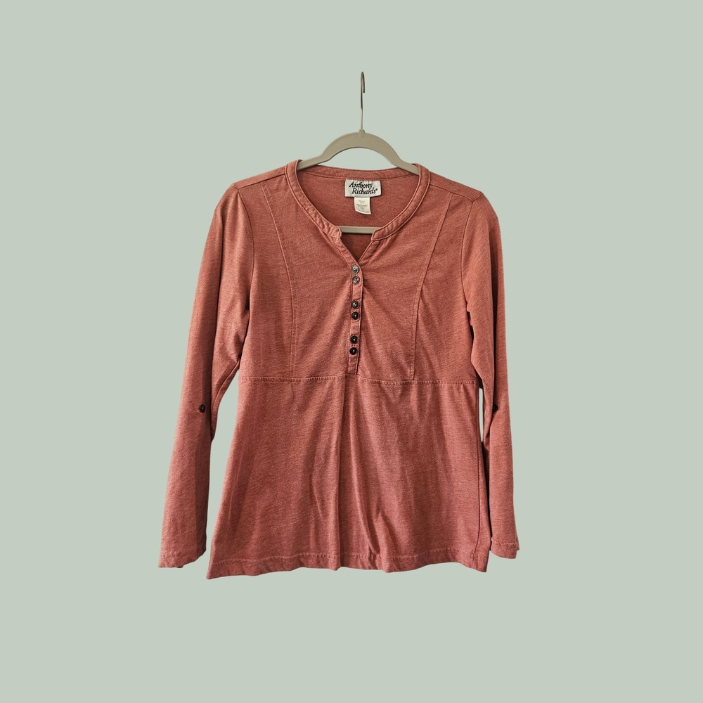 Anthony Richards Womens Pink Heathered Henley Roll‎ Tab Sleeve Top SP